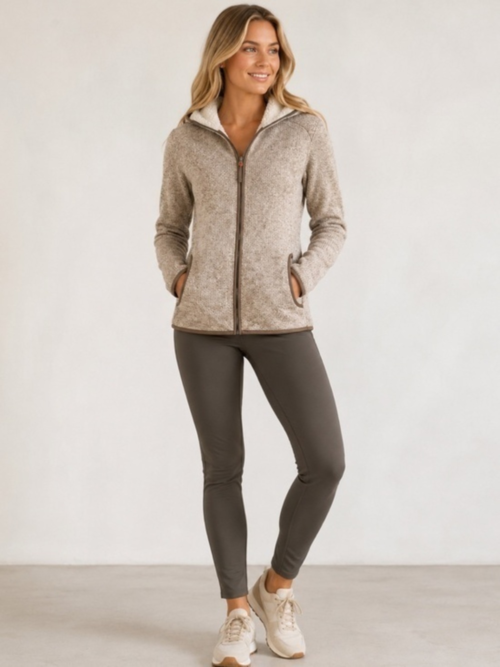 Merrell XS Beige Knit Fleece Lined Hooded Zip Jacket Outdoor